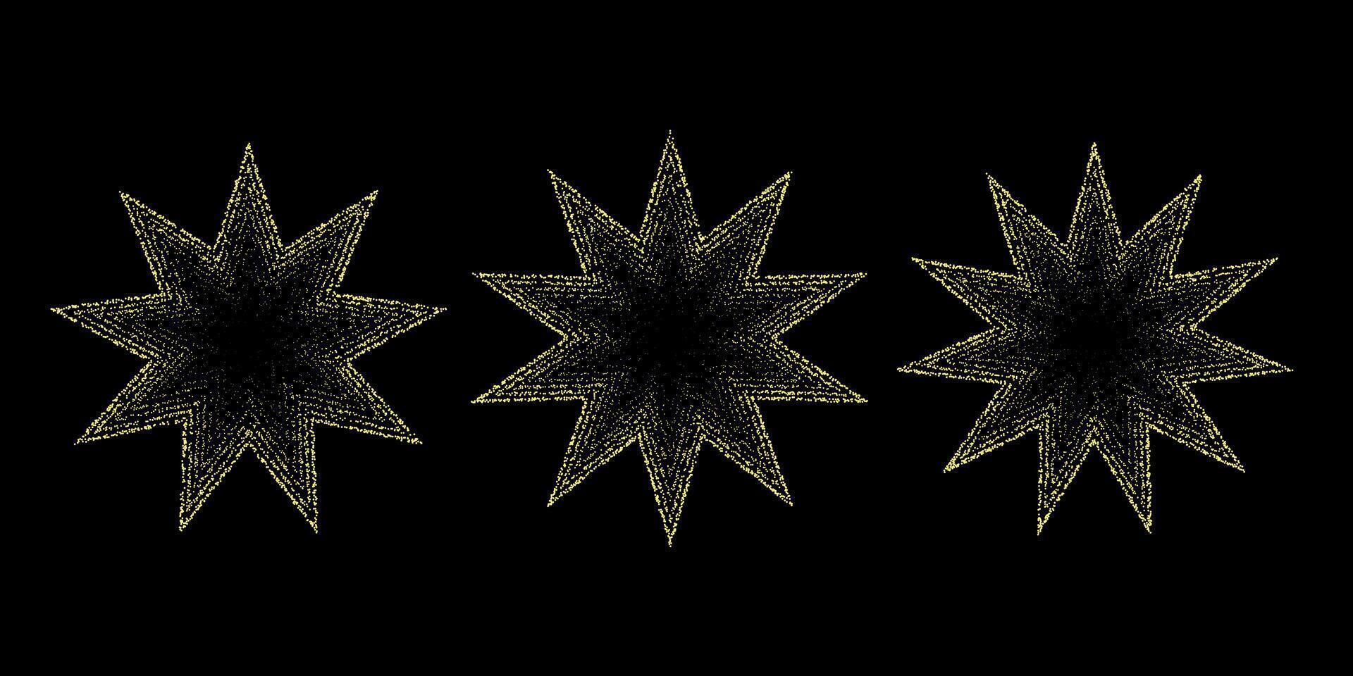 Dotted grain stars set. Shiny stippled shapes collection. Various noise textured asterisks. Different dot work forms vector