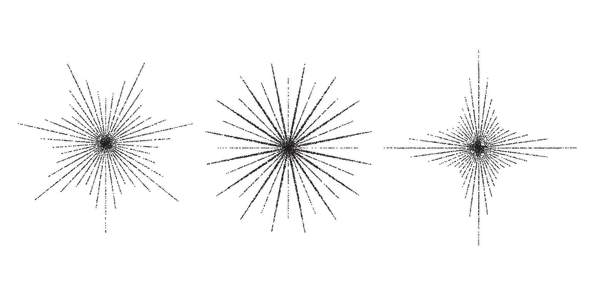 Dotted grain star with beams set. Black stippled ray sparkle and flare collection. Various noise textured asterisks. Different halftone dot work stellar forms and burst explosion. sparks. vector