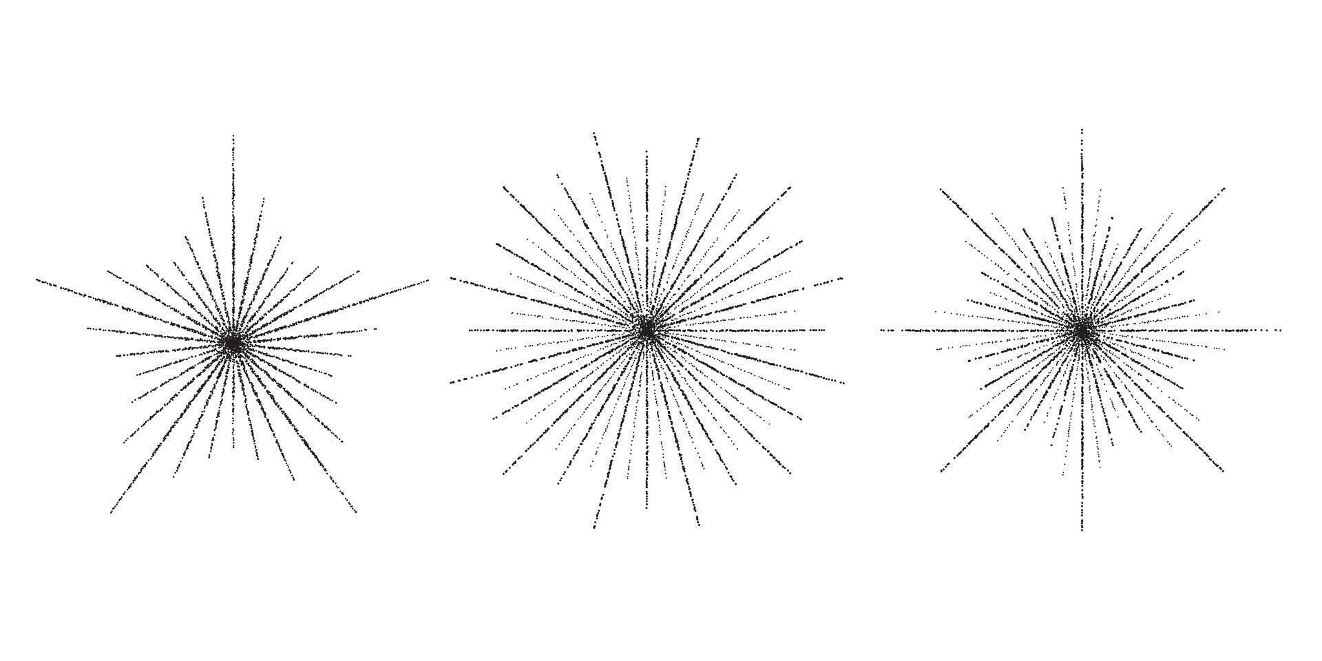 Dotted grain star with beams set. Black stippled ray sparkle and flare collection. Various noise textured asterisks. Different halftone dot work stellar forms and burst explosion vector