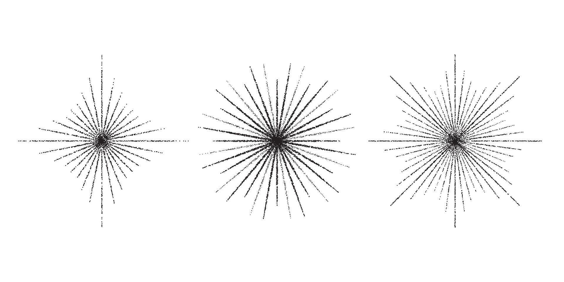 Dotted grain star with beams set. Black stippled ray sparkles and flares collection. Various noise textured asterisks. Different halftone dot work stellar forms and burst explosion vector