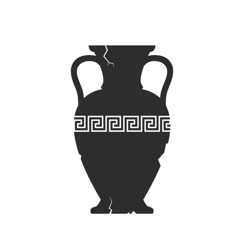 Broken amphorae silhouette. Cracked ancient greek vase with meander pattern. Antique ceramic jar or vessel. Old pottery. vector