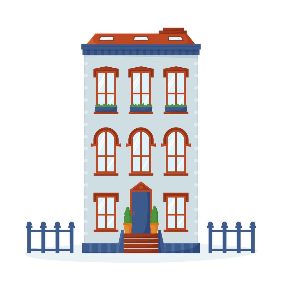 European house facade. Front view of old-fashioned brick building in French or British style. Nice neighborhood exterior. vector