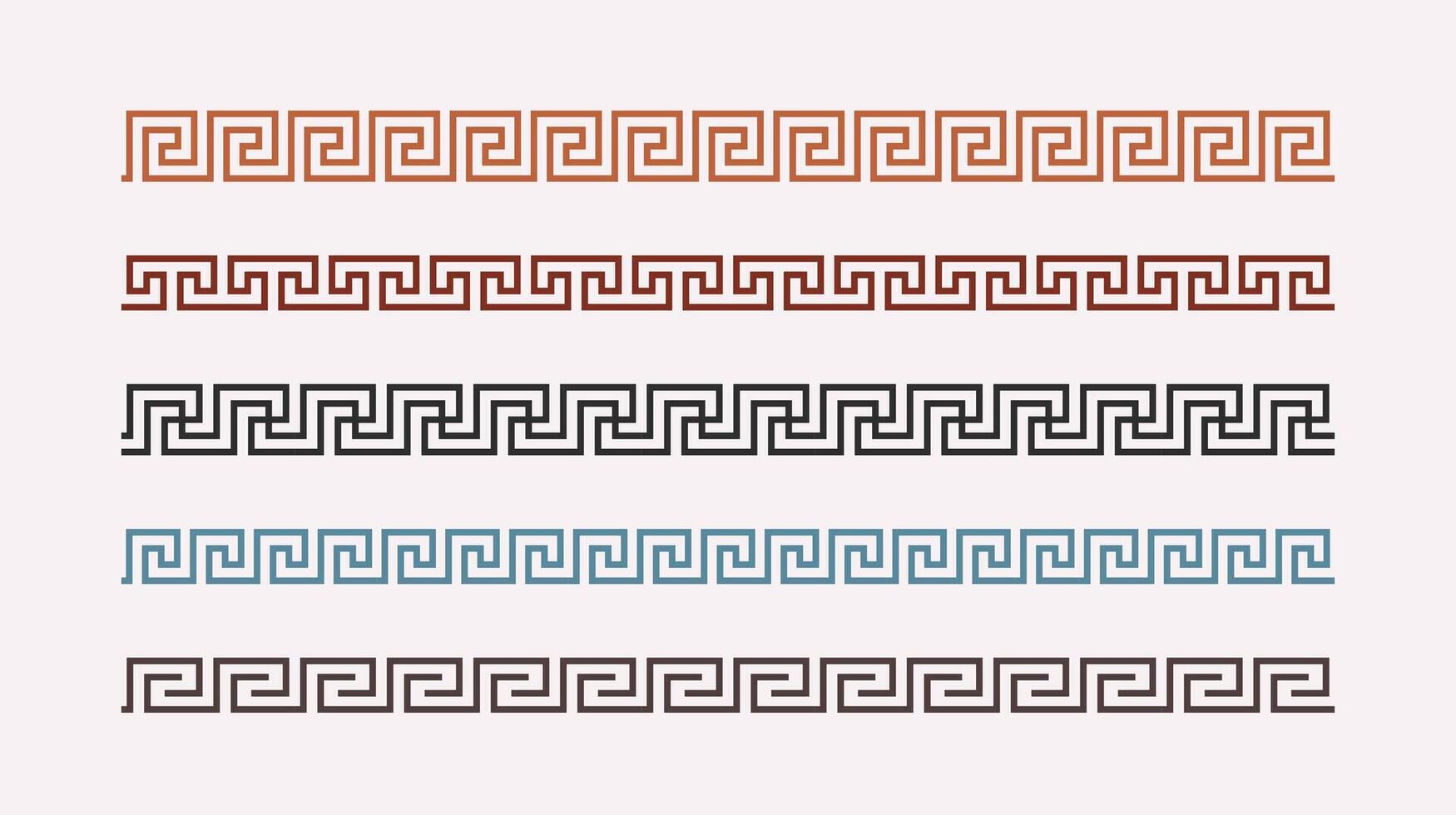 Greek key ornaments collection. Colored meander pattern set. Repeating geometric meandros motif. Greek fret design. Ancient decorative border. vector