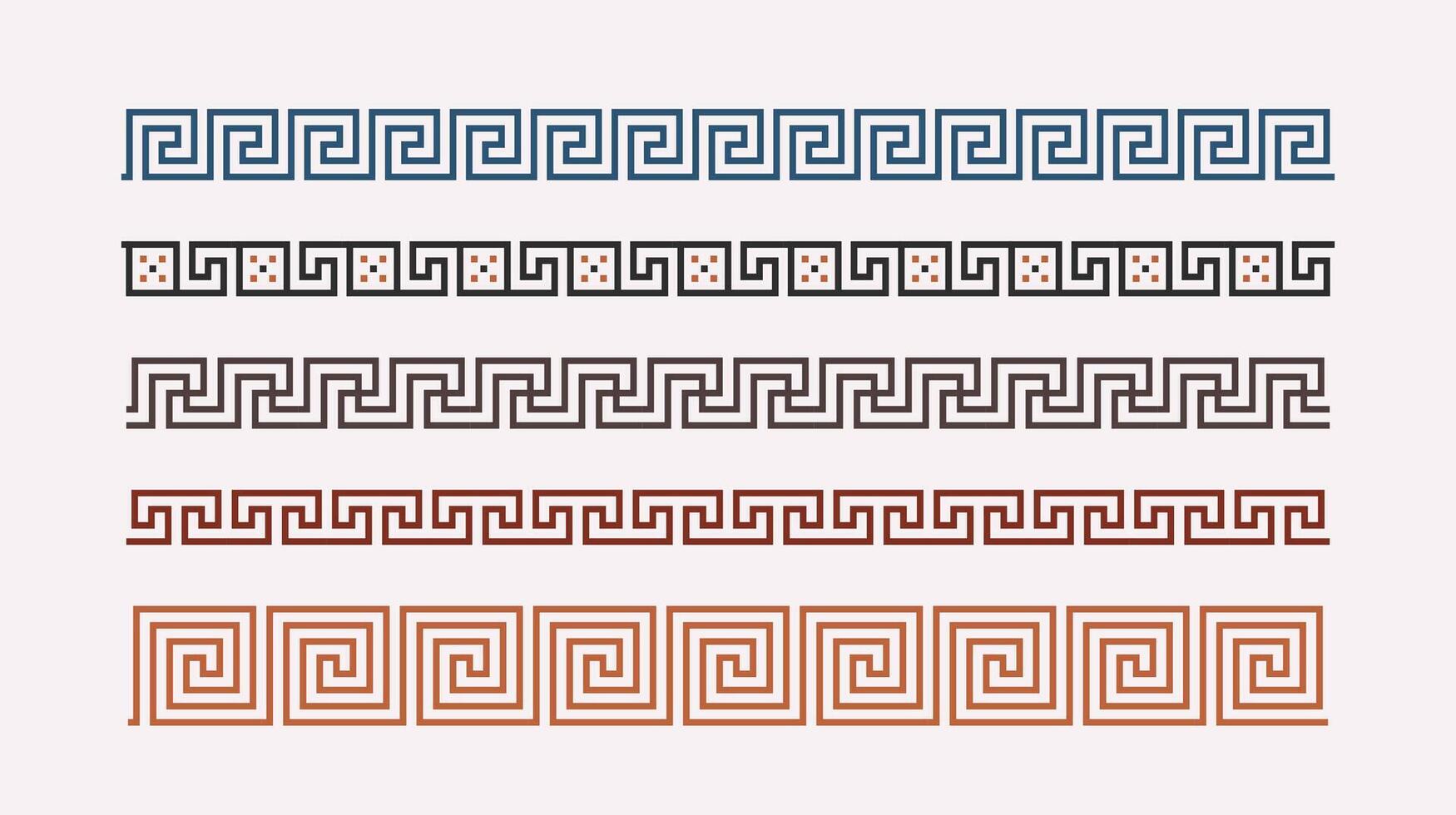 Greek key ornaments collection. Colored meander pattern set. Repeating geometric meandros motif. Greek fret design. Ancient decorative borders vector