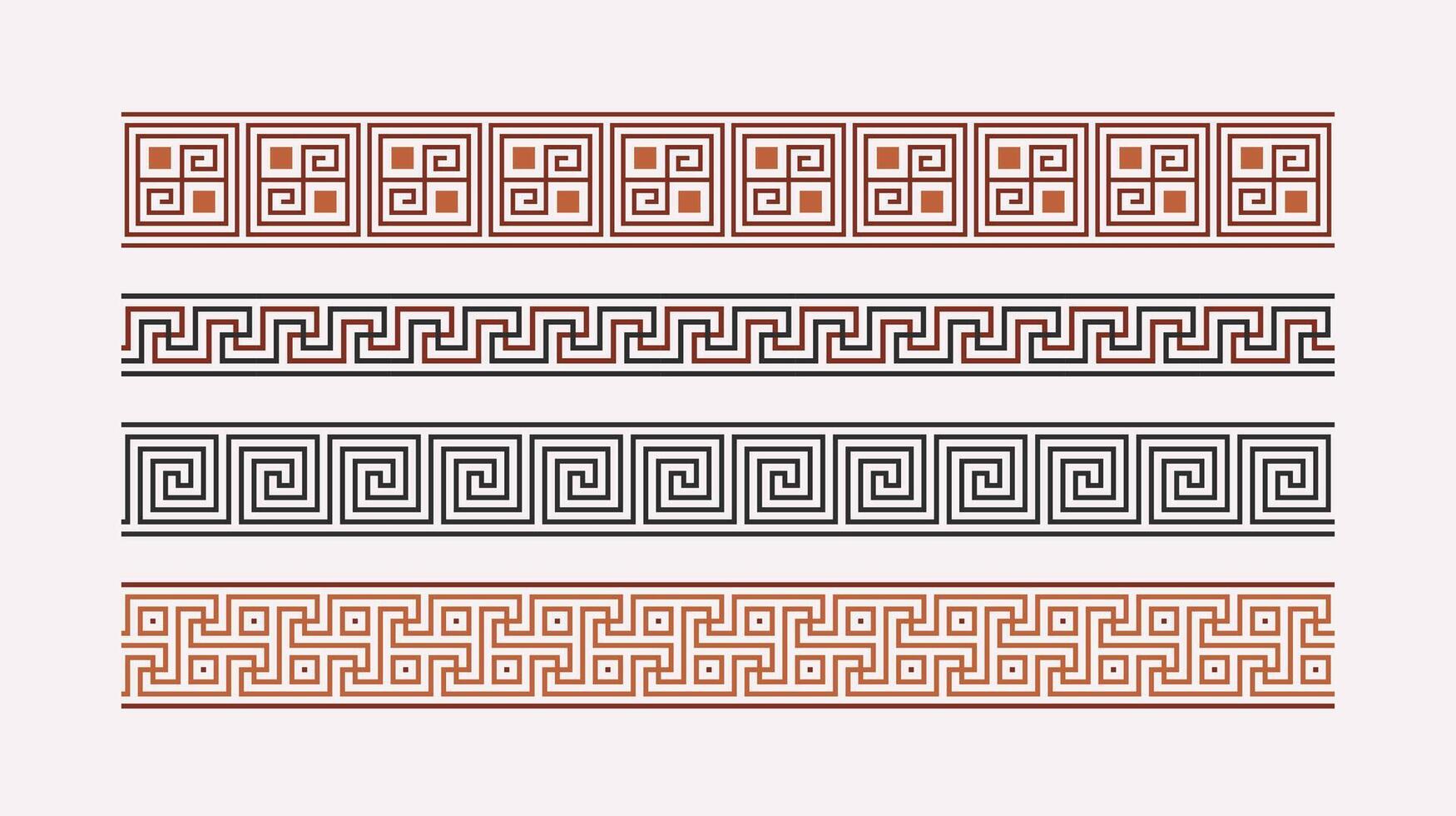 Greek key ornament collection. Colored meander pattern set. Repeating geometric meandros motif. Greek fret design. Ancient decorative border. vector
