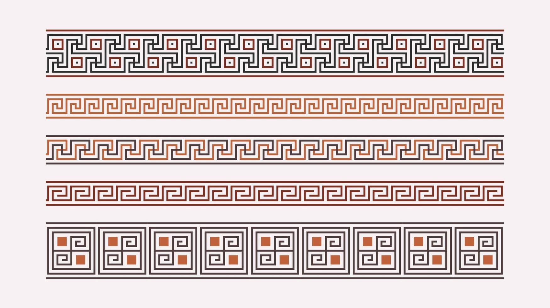 Greek key ornaments collection. Colored meander pattern set. Repeating geometric meandros motif. Greek fret designs. Ancient decorative borders vector