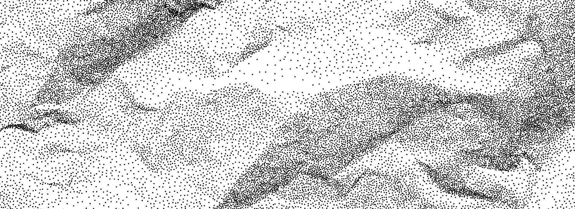 Black stippled crumpled paper texture. Dotted wrinkled effect background. Gritty creased paper sheet backdrop. Aged damaged gritty overlay. Noisy grain battered notebook page. Rough wallpaper vector