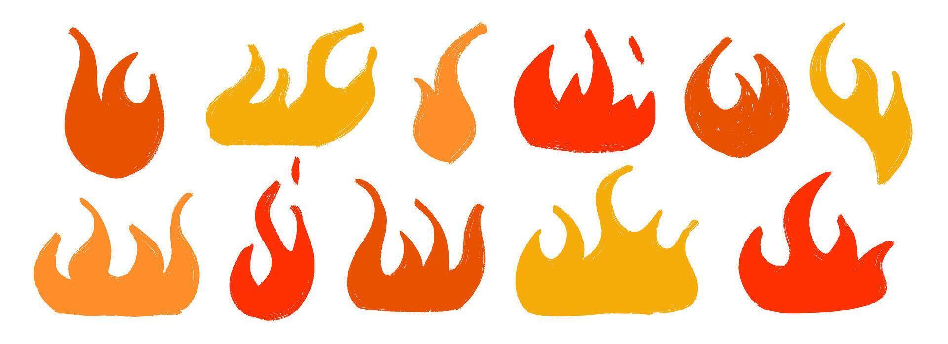 Colored hand drawn fire shape set. Crayon sketch burning flame collection. Red, yellow chalk grunge elements pack. Pastel pencil doodle bundle for collage, sticker, poster, banner. vector
