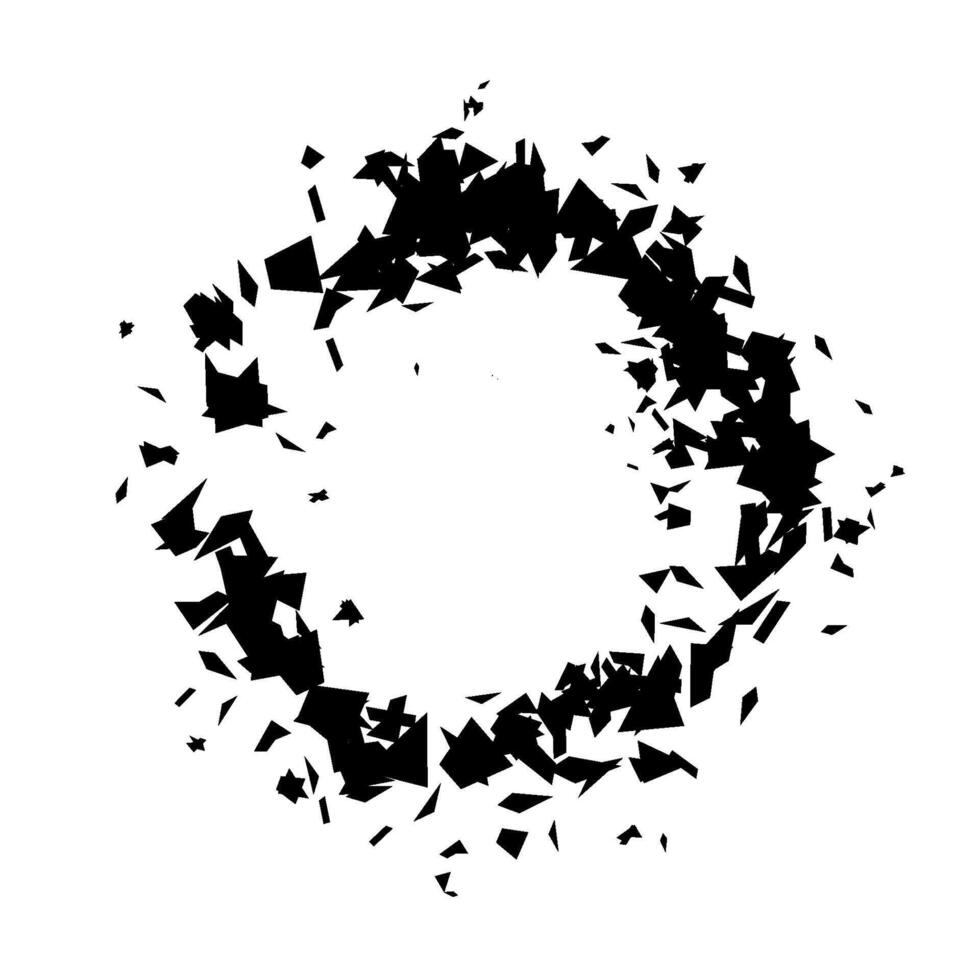 Debris and shatters in circle shape. Black broken pieces, specks, speckles and particles. Abstract explosion and burst textured element. frame vector