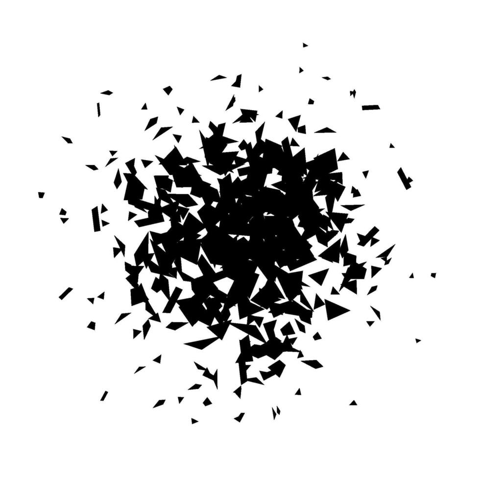 Shatters and debris radial shape. Black broken pieces, specks and particles. Abstract explosion and burst element. texture. vector