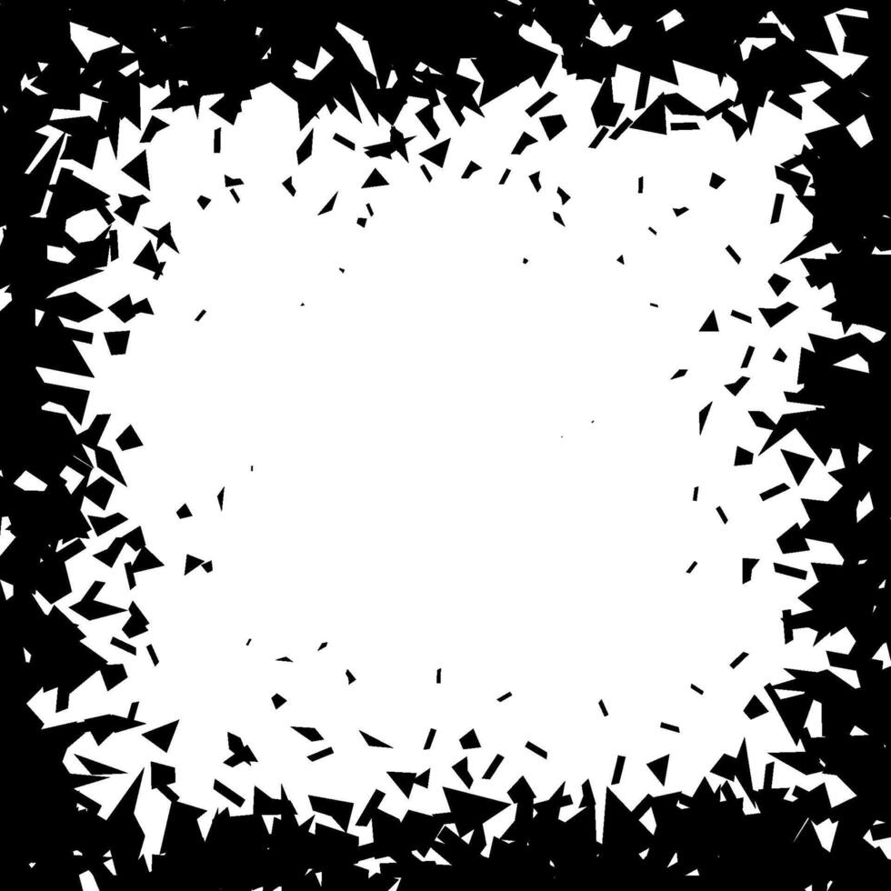 Debris and shatters in square shape frame. Black broken pieces, specks, speckles, particles, shivers. Abstract explosion and burst textured rectangular element. vector