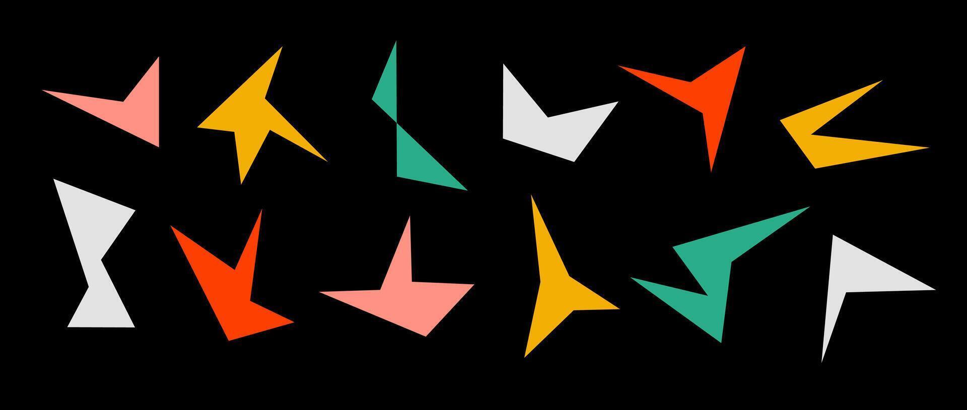 Simple colorful sharp irregular shapes set. Abstract geometric edgy elements collection. Asymmetry angular forms for banners, collages, posters, stickers. Design bundle on dark background. vector