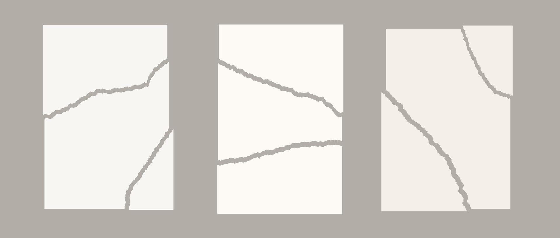 Set of torn in parts paper pages. Collection of disrupted jagged paper sheet. Ripped shapes pack for poster, banner, collage, note, text box, sticker. Illustration bundle vector