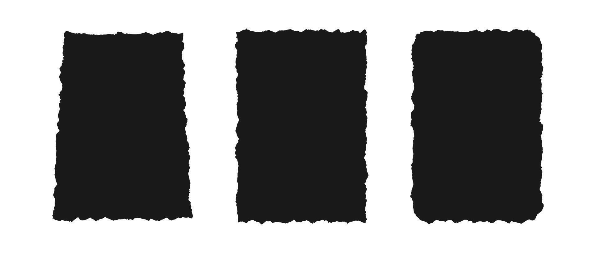 Torn paper frame set.Collection of black sheet wallpaper with jagged edges. Ripped grunge elements bundle for poster, text box, banner. Blank background pack vector