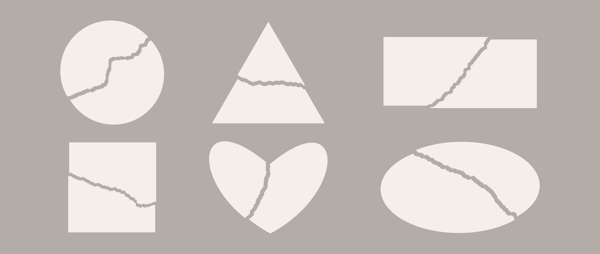 Torn in parts paper element set. Circle, triangle, rectangle, square, heart, oval disrupted paper parts. Ripped shape pack for poster, banner, collage, note, text box, sticker. vector