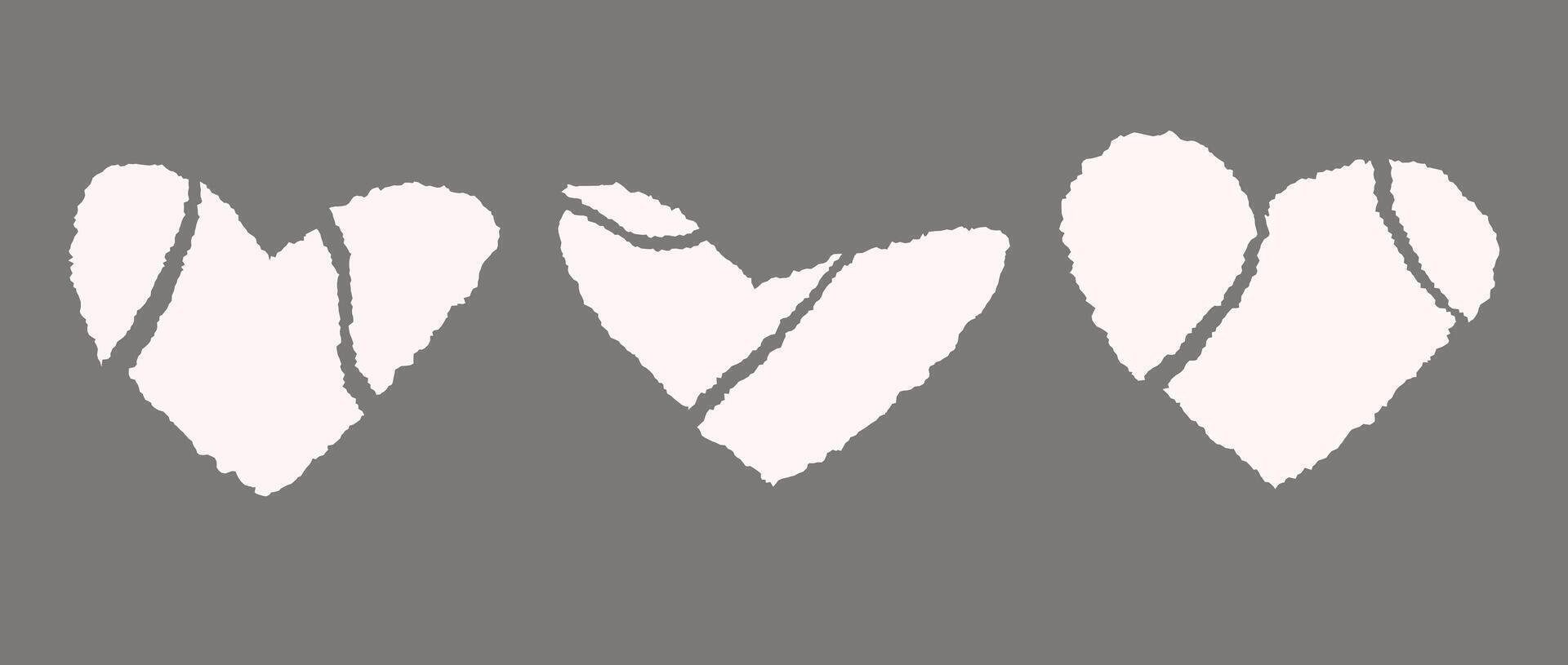 Torn in parts paper hearts. Collection of disrupted heart-shaped elements with jagged edges. Ripped paper shapes pack for poster, banner, collage, note, text box, sticker. Illustration bundle vector