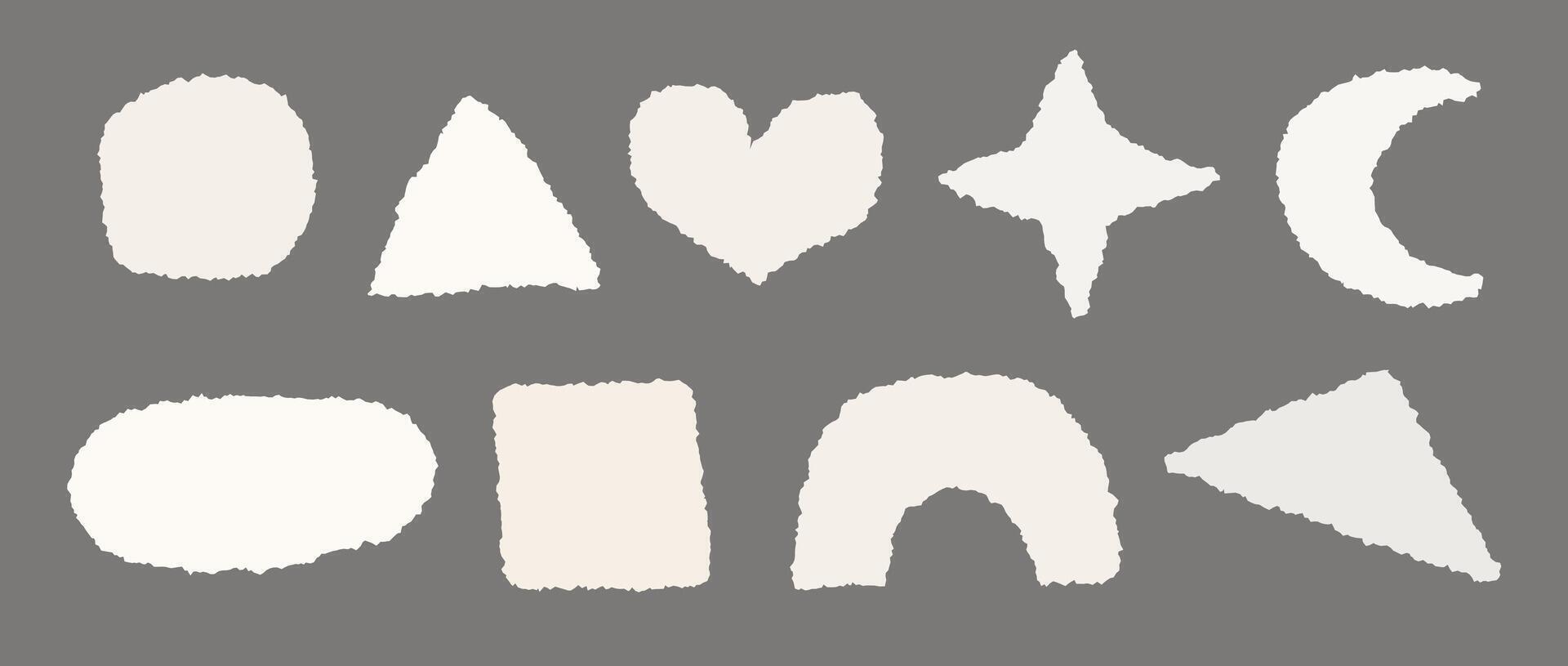 Torn paper set. Geometric shapes with jagged edges. Ripped square, round, triangle, star, heart, arc pieces collection. Textured grunge bundle for collage, text box, banner, sticker, poster vector