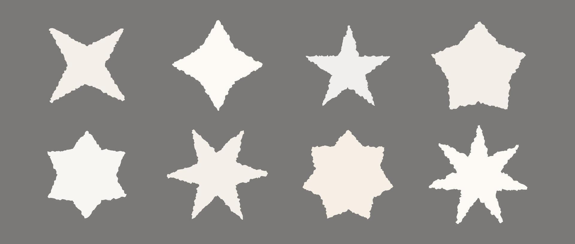 Torn paper stars set. Collection of ripped star-shaped elements with rough edges. Paper bling and diamond shapes pack for poster, banner, collage, note, text box, sticker. Illustration bundle vector