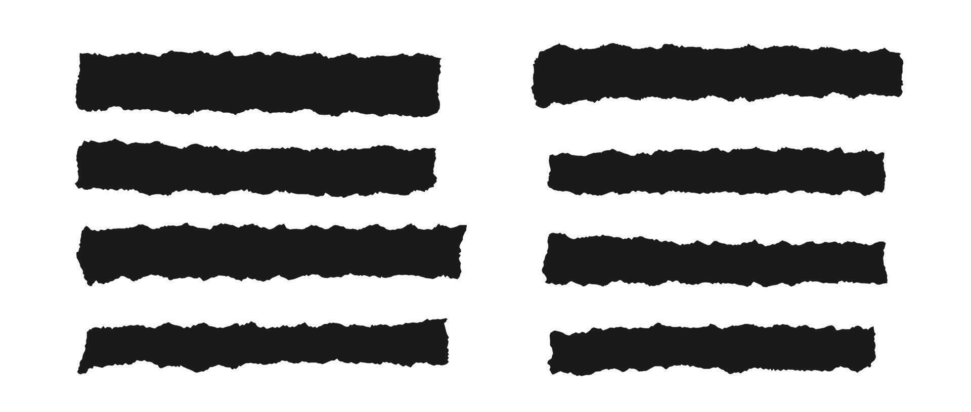 Torn thin and long pieces of paper set. Black paper strips with jagged edges. Ripped horizontal fragment collection. Textured grunge element bundle for collage, textbox, banner, sticker. vector
