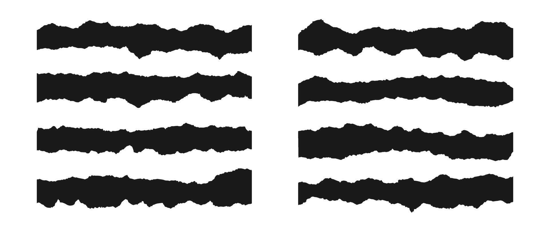 Torn thin and long pieces of paper set. Black cutout paper strips with jagged edges. Ripped horizontal fragment collection. Textured grunge element bundle for collage, textbox, banner, sticker. vector