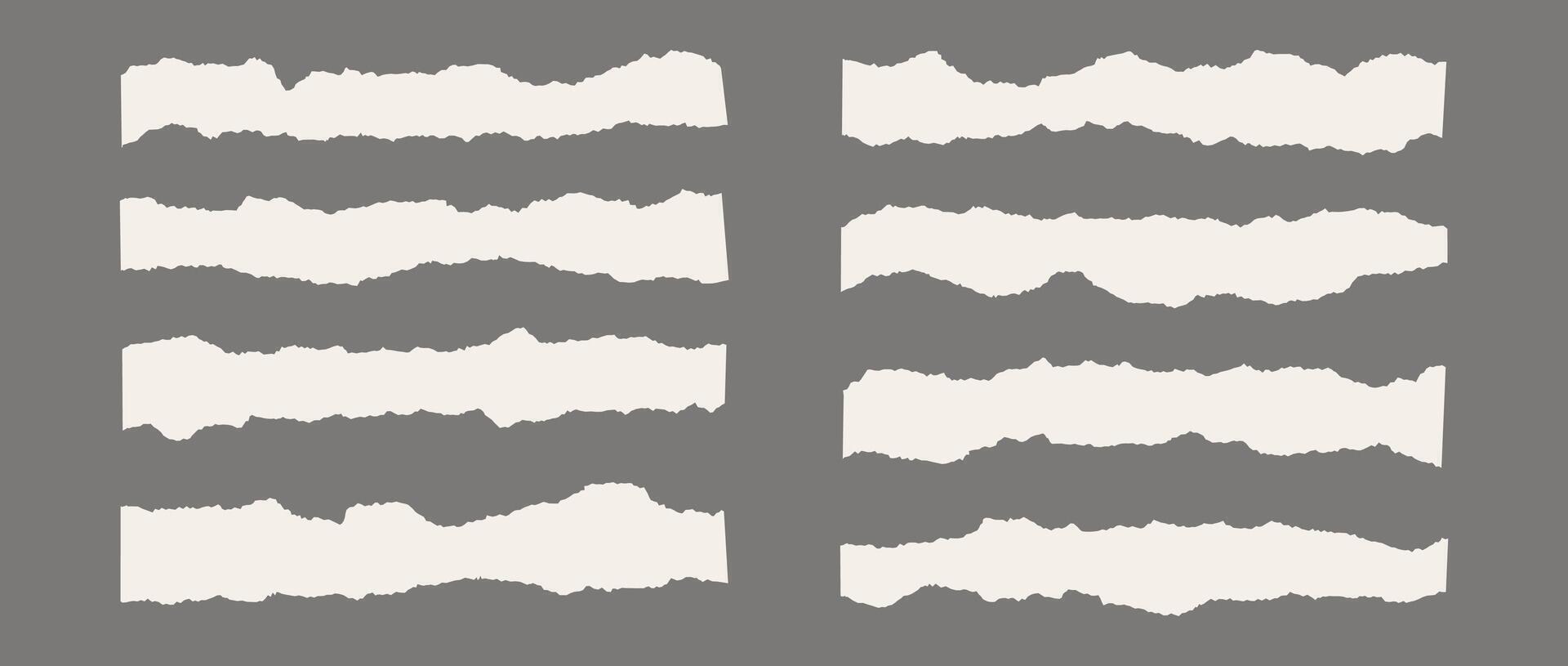Set of torn pieces of paper. Thin and long material strip with jagged edges. Beige ripped horizontal fragments collection. Textured grunge element bundle for collage, text box, banner, sticker. vector