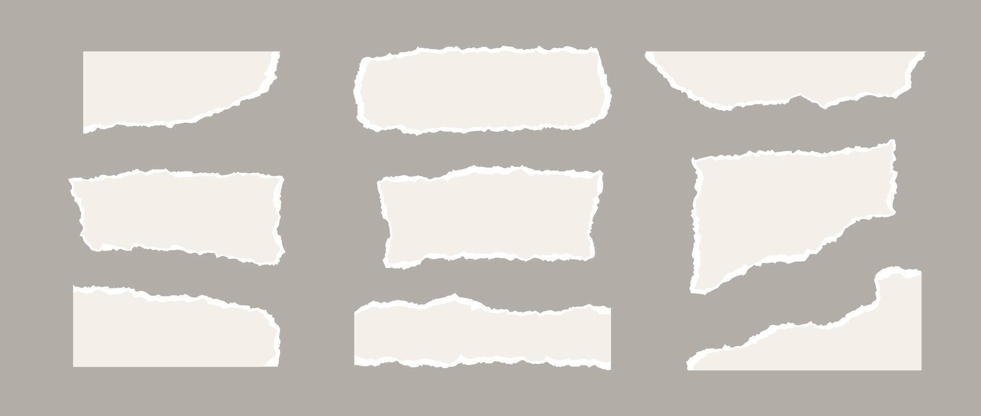 Torn paper pieces set. Light beige shapes with jagged uneven edges. Ripped different paper fragments collection. Textured grunge element bundle for collage, text box, banner, sticker, poster. vector