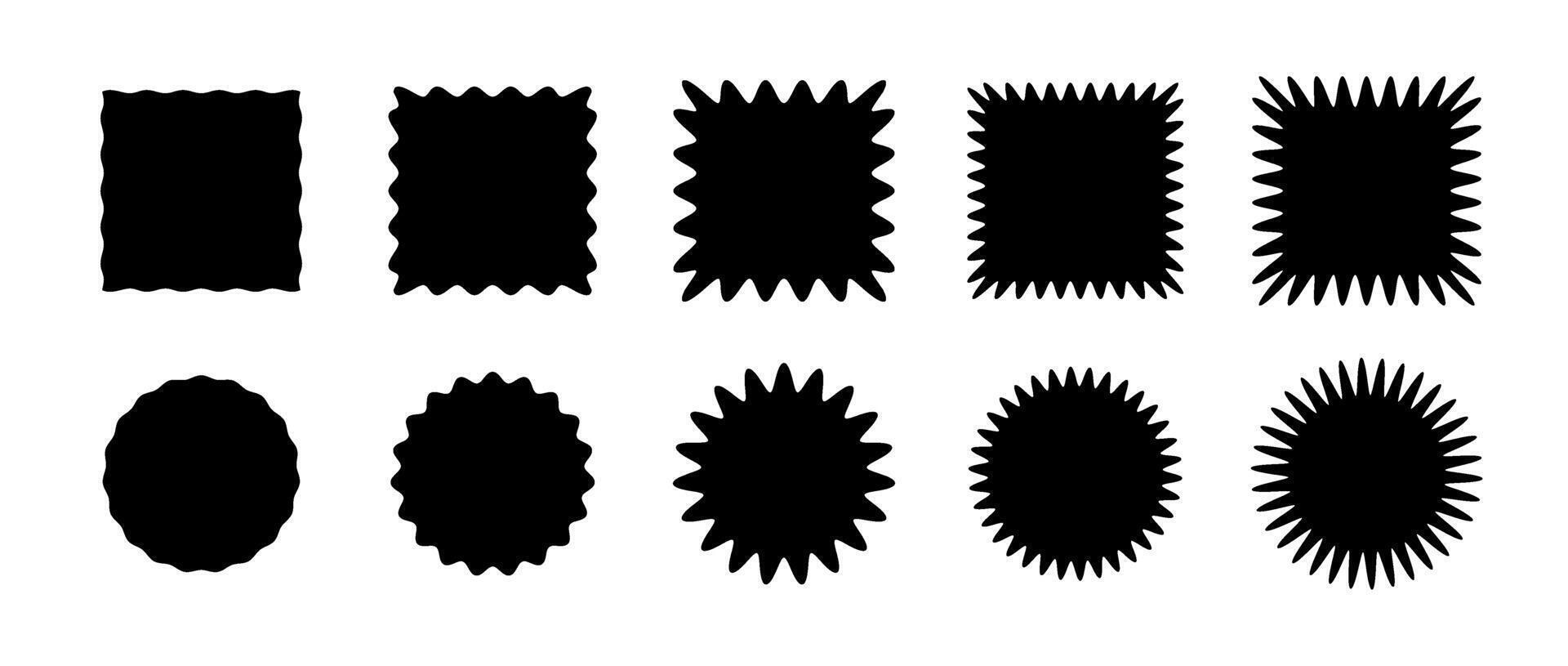 Zig zag edge square and circle shapes collection. Jagged patches set. Black graphic design elements for decoration, banner, poster, template, sticker, badge, collage. vector