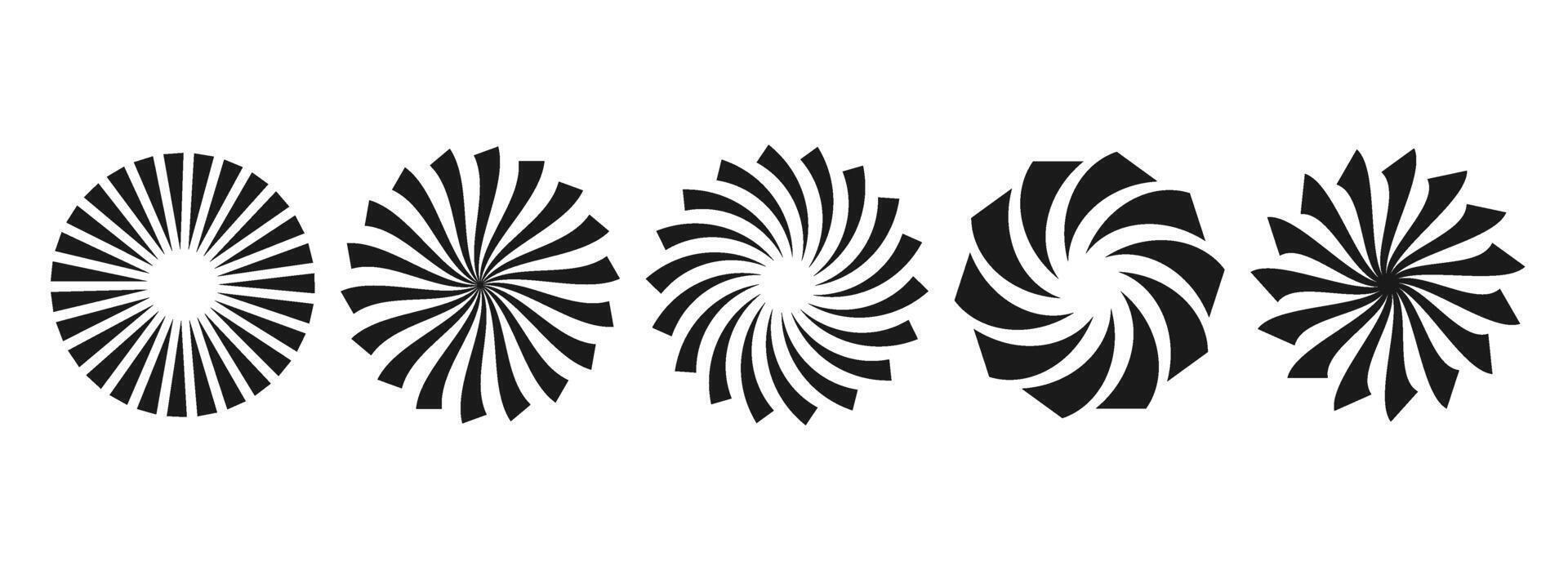 Simple curl sunburst circles collection. Black and white radial twisted elements pack. Round rays and beams set. Geometric stars pack. Illustration concept for banner, badge, sticker, poster. vector