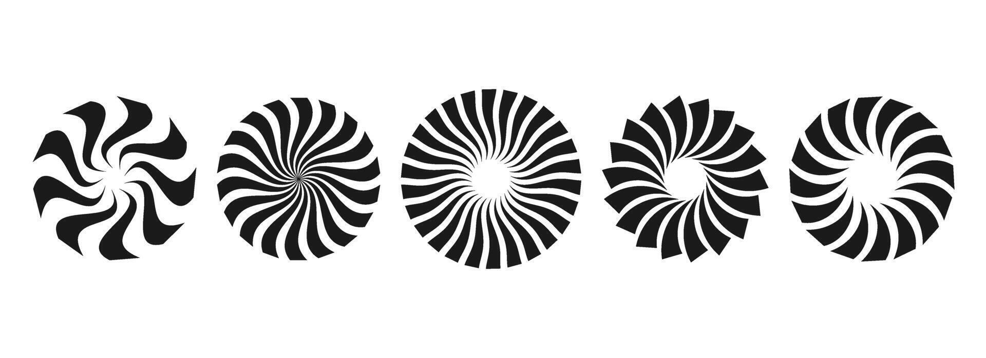Curled sunburst circles collection. Stylized radial spinning elements. Black and white geometric round twisted rays, beams or stars pack. Illustration concept for banner, badge, sticker, poster vector