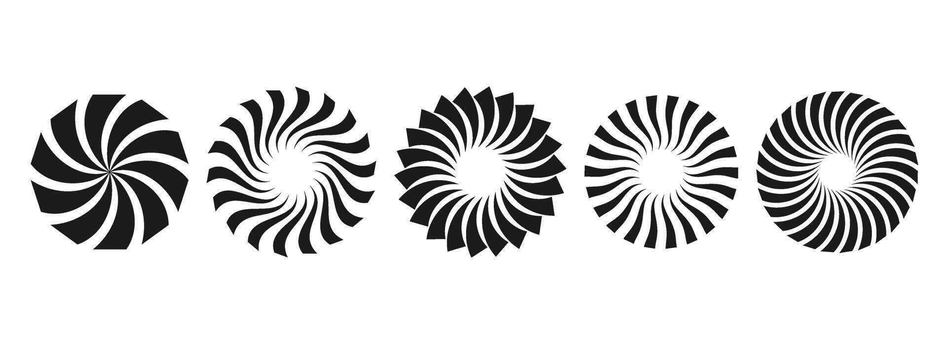 Black and white curl sunburst circles collection. Stylized radial twisted element pack. Round rays and beams set. Geometric stars pack. Illustration concept for banner, badge, sticker, poster. vector
