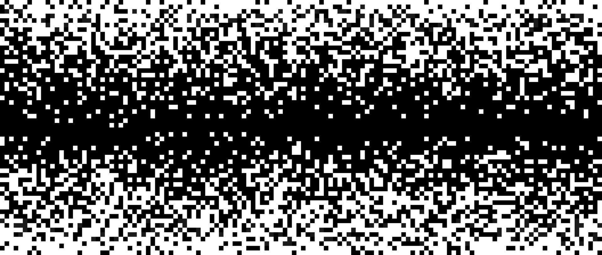 Pixelated halftone gradient texture. Black and white fading pixel noise texture. Dissolving wallpaper. Horizontal background vector