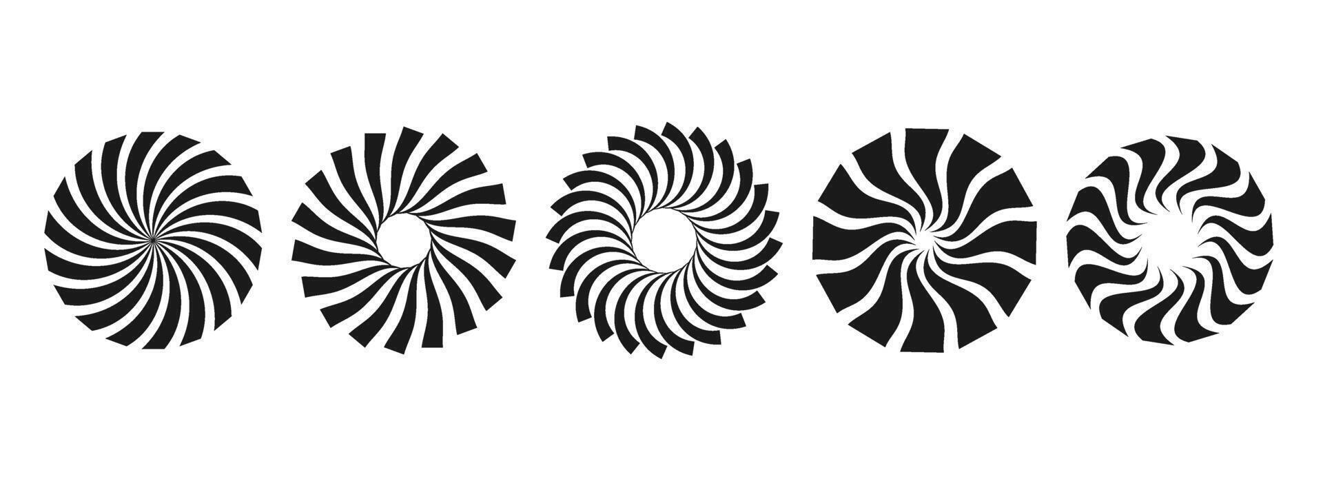 Black and white curl sunburst circles collection. Stylized radial spinning elements. Geometric round twisted rays, beams or stars pack. Illustration concept for banner, badge, sticker, poster vector