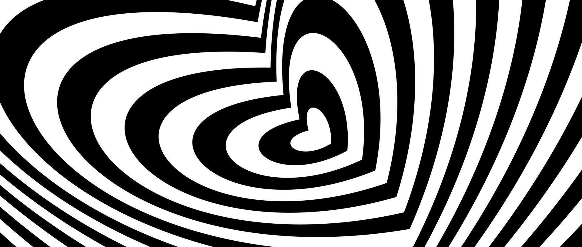 Abstract hypnotic tunnel heart background. Black and white optical illusion pattern. Heart-shaped op art design for poster, banner, template. Horizontal illustration wallpaper vector