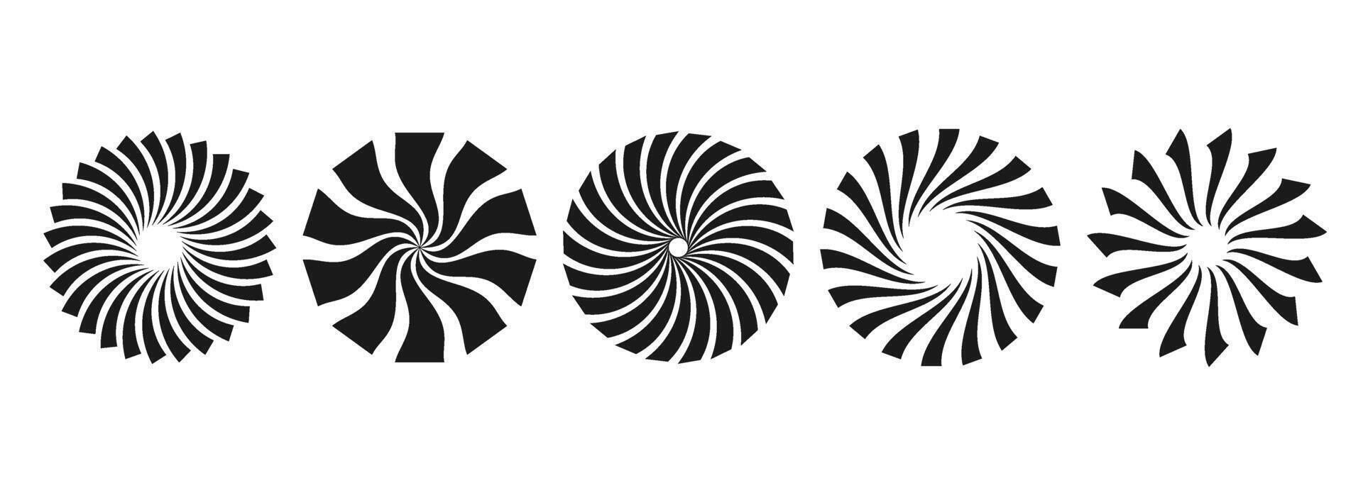 Black and white curled sunburst circles collection. Stylized radial spinning elements. Geometric round twisted rays, beams or stars pack. Illustration concept for banner, badge, sticker, poster vector