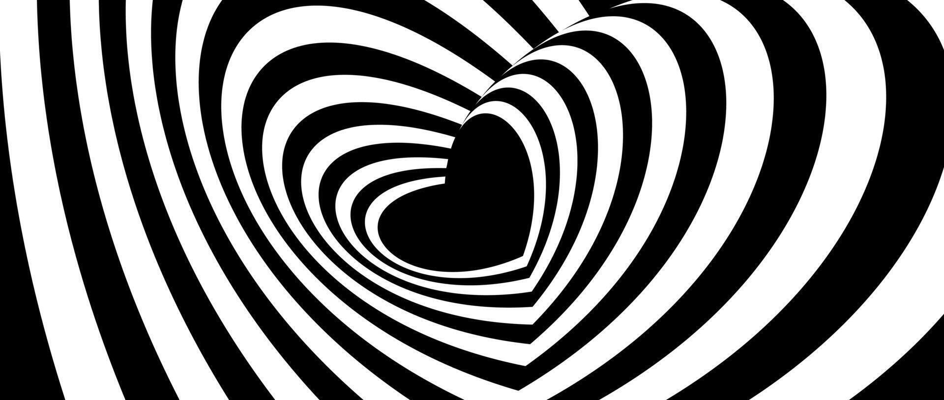 Hypnotic tunnel heart background. Black and white optical illusion pattern. Heart-shaped op art design for poster, banner, template. Abstract horizontal illustration wallpaper vector