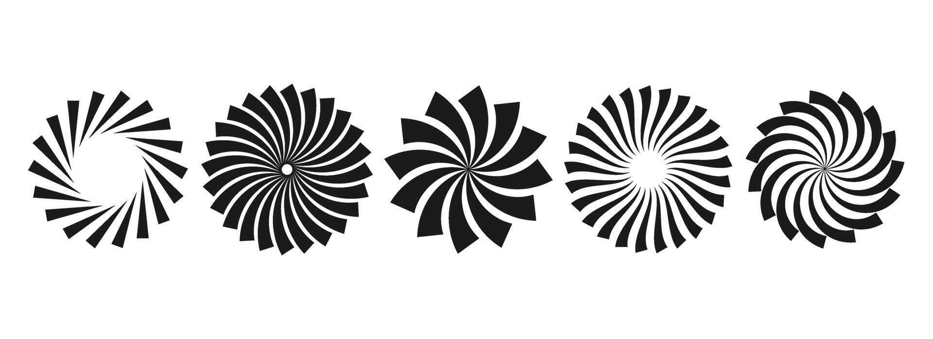 Stylized curl sunburst circles collection. Black and white radial twisted element pack. Round rays and beams set. Geometric stars pack. Illustration concept for banner, badge, sticker, poster. vector