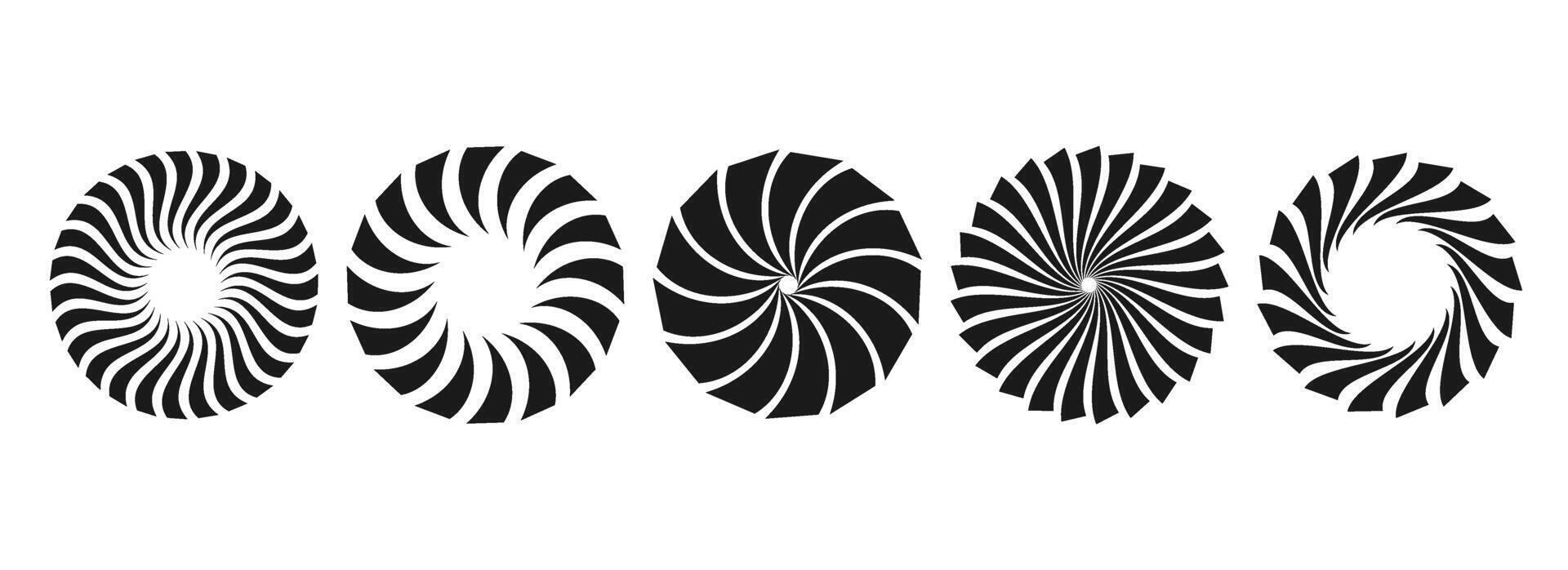 Curled sunburst circles collection. Stylized radial spinning elements. Black and white geometric round twisted rays, beams or stars pack. Concept for banner, badge, sticker, poster vector