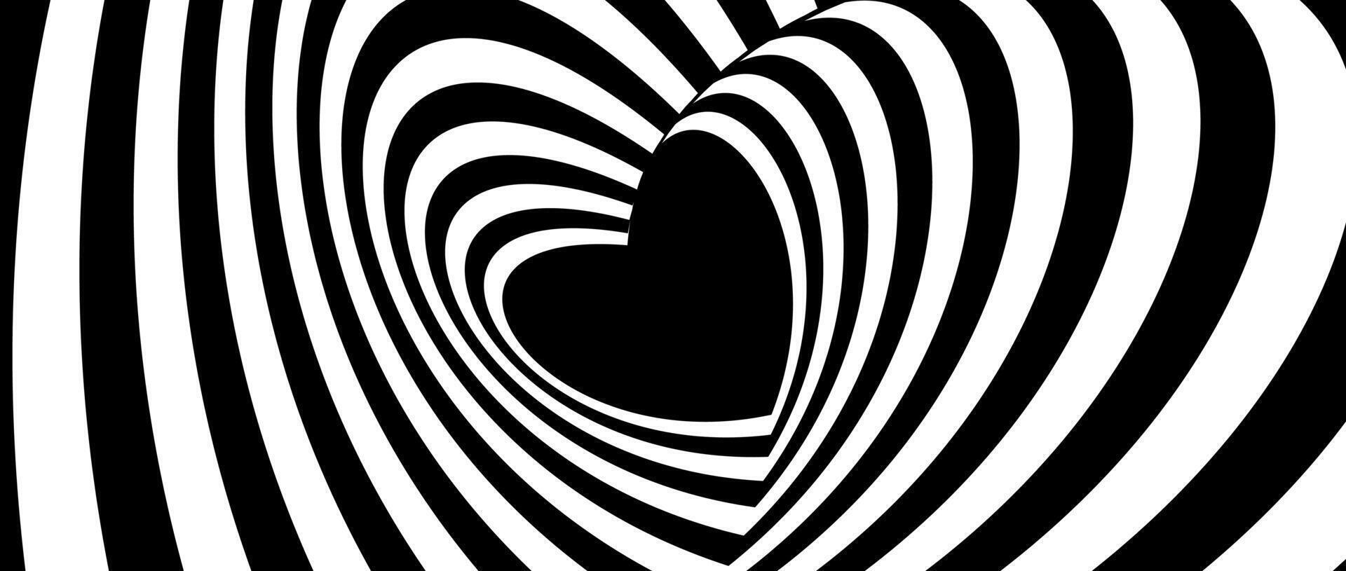 Hypnotic tunnel heart background. Black and white optical illusion pattern. Rotating Heart-shaped op art design for poster, banner, template. Abstract horizontal illustration wallpaper vector