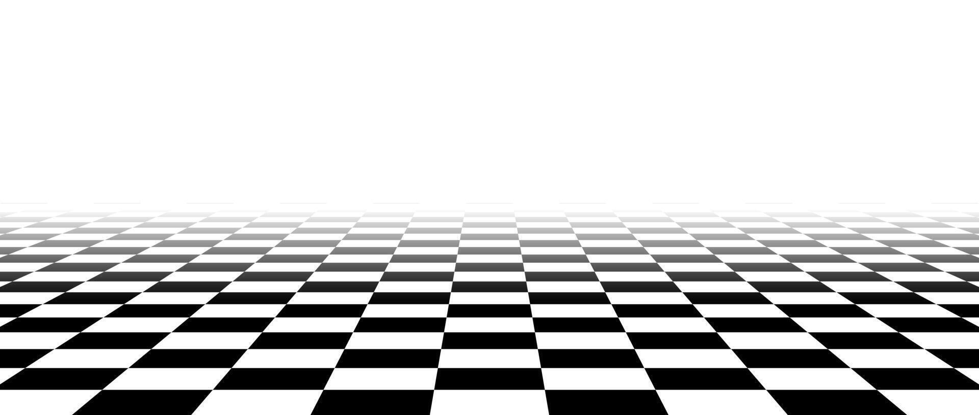 Black and white checkered tile floor fading in perspective. Abstract checkerboard texture landscape. Vanishing horizontal chessboard plane surface. Empty room background. vector