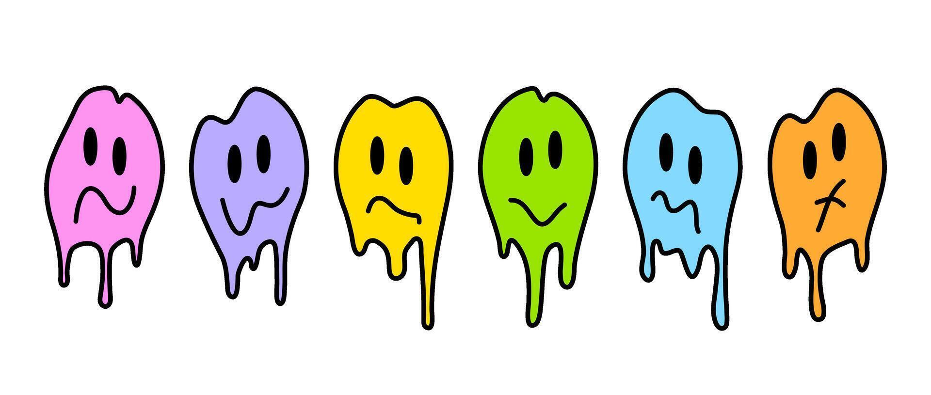 Colorful melt smile faces set. Cartoon trippy smiley illustrations collection. Design element for prints, posters, stickers. vector