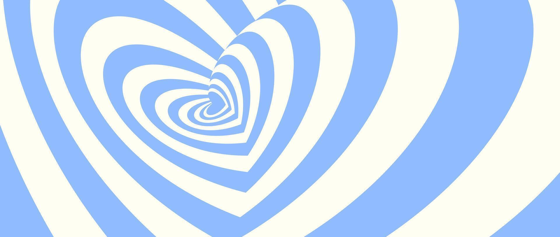 Abstract hypnotic tunnel heart background. Light blue and cream optical illusion pattern. Twisted heart-shaped op art design for poster, banner, template. Horizontal illustration wallpaper vector