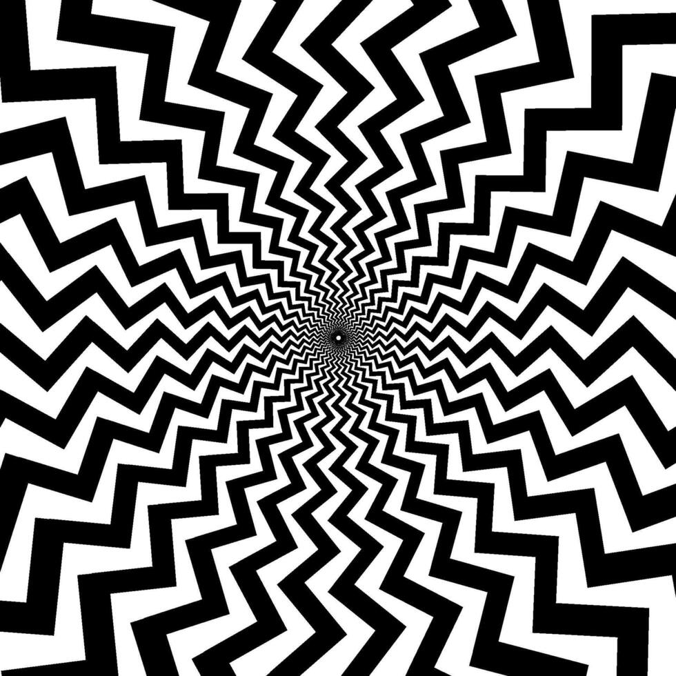 Optical illusion background. Black and white abstract distorted zigzag lines surface. Radial wave poster design. Hypnotic illusion wallpaper. ornamental vector