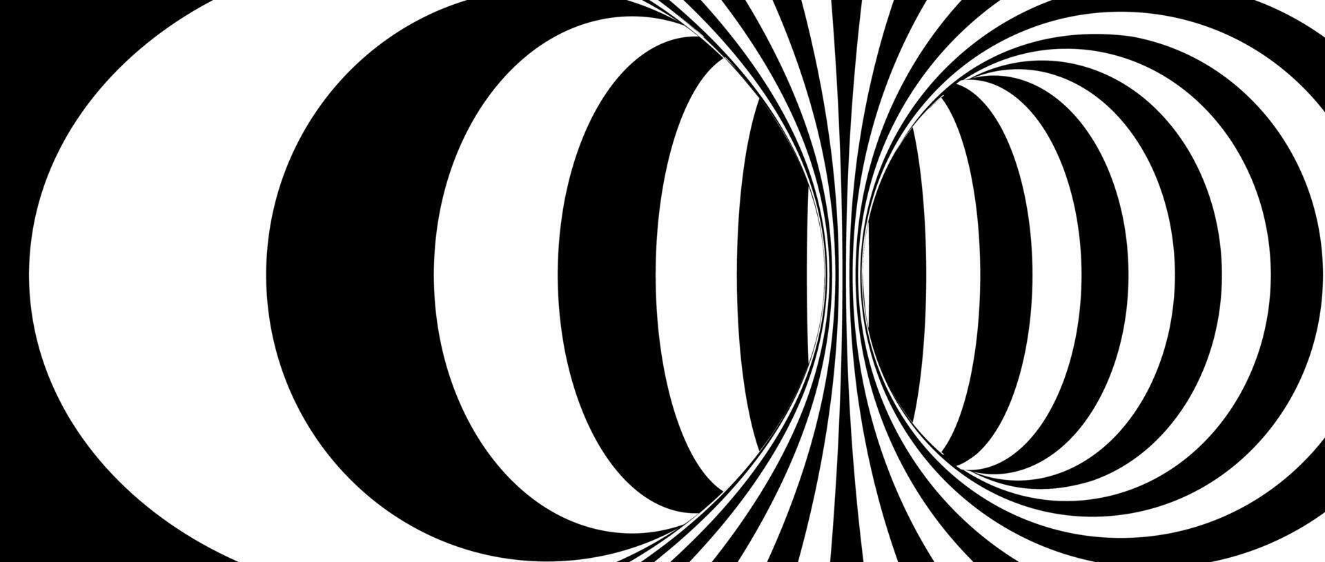 Abstract hypnotic distorted lines background. Black and white optical illusion tunnel wallpaper. Psychedelic twisted stripes pattern. Horizontal template for posters, banners, cover. vector