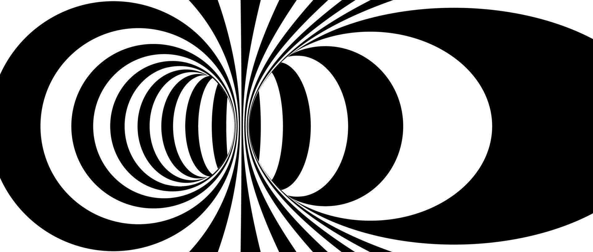 Abstract hypnotic distorted lines background. Black and white optical illusion tunnel wallpaper. Psychedelic twisted stripes pattern. Horizontal template for posters, banners, covers. Op art vector
