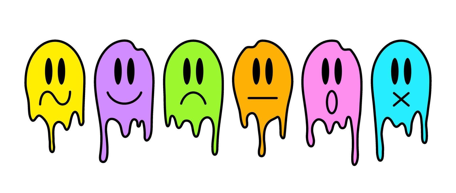 Colorful melt smile faces with different emotions. Cartoon trippy smiley illustrations collection. Design element for prints, posters, stickers. vector