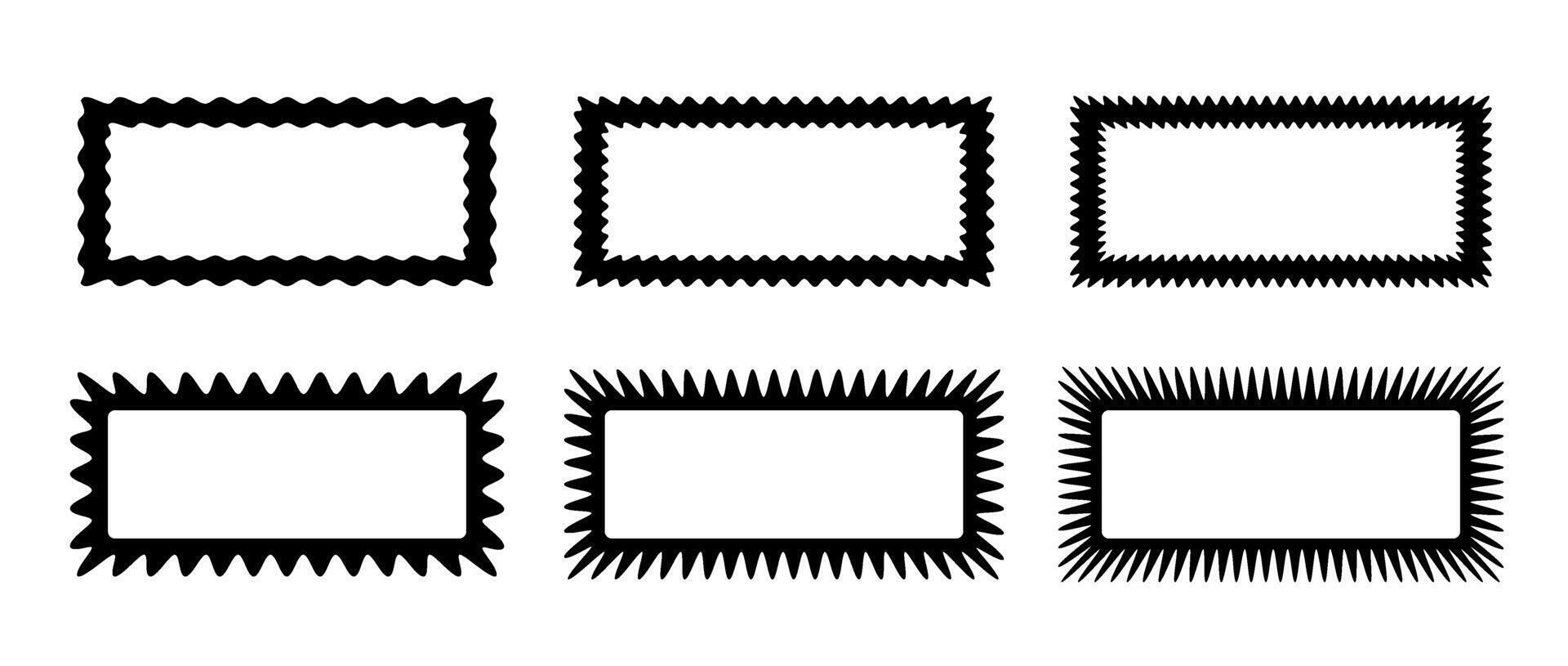 Zig zag edge rectangle frames collection. Jagged rectangular borders set. Black graphic design elements for decoration, banner, poster, template, sticker, badge. vector