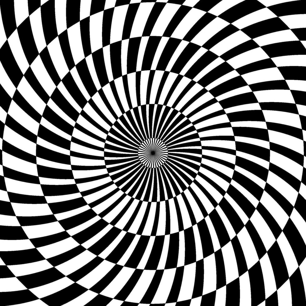 Radial optical illusion background. Black and white abstract lines surface in circles. Poster, banner, template design. Spinning spiral illusion wallpaper. Opt art illustration vector