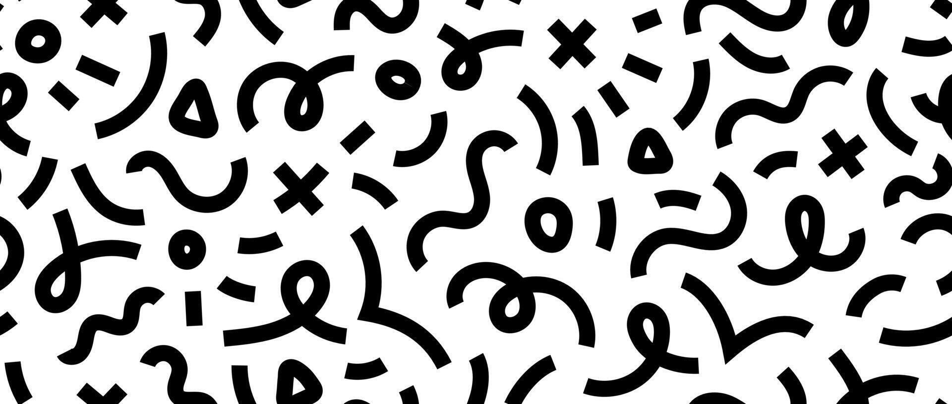 Abstract doodle squiggly lines seamless pattern. Black and white childish scribble repeating background. Childish shapes and curved wavy stripes wallpaper. vector