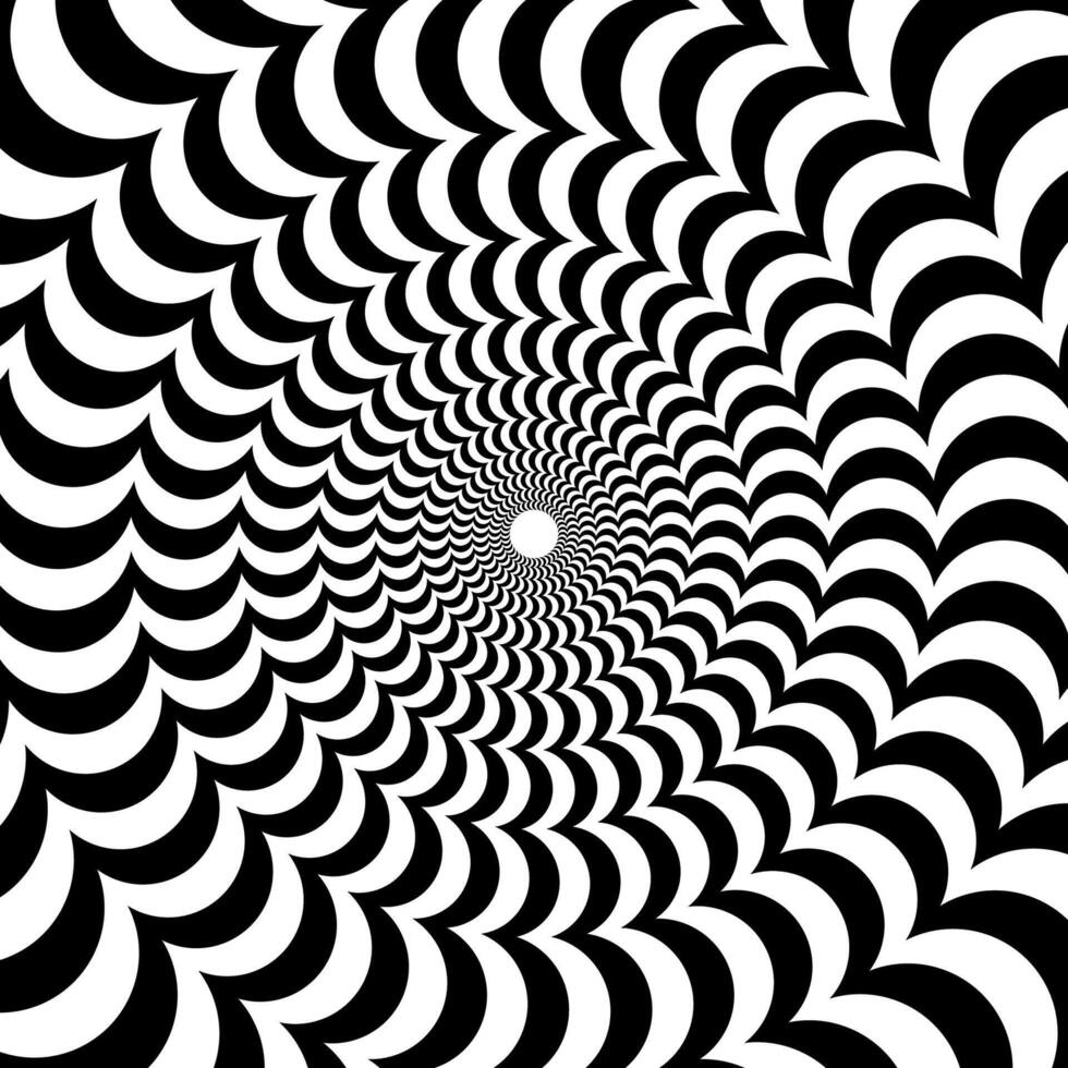 Radial optical illusion background. Black and white abstract semi circles surface. Poster, banner, template design design. Spinning and rotating arc spiral illusion wallpaper. vector