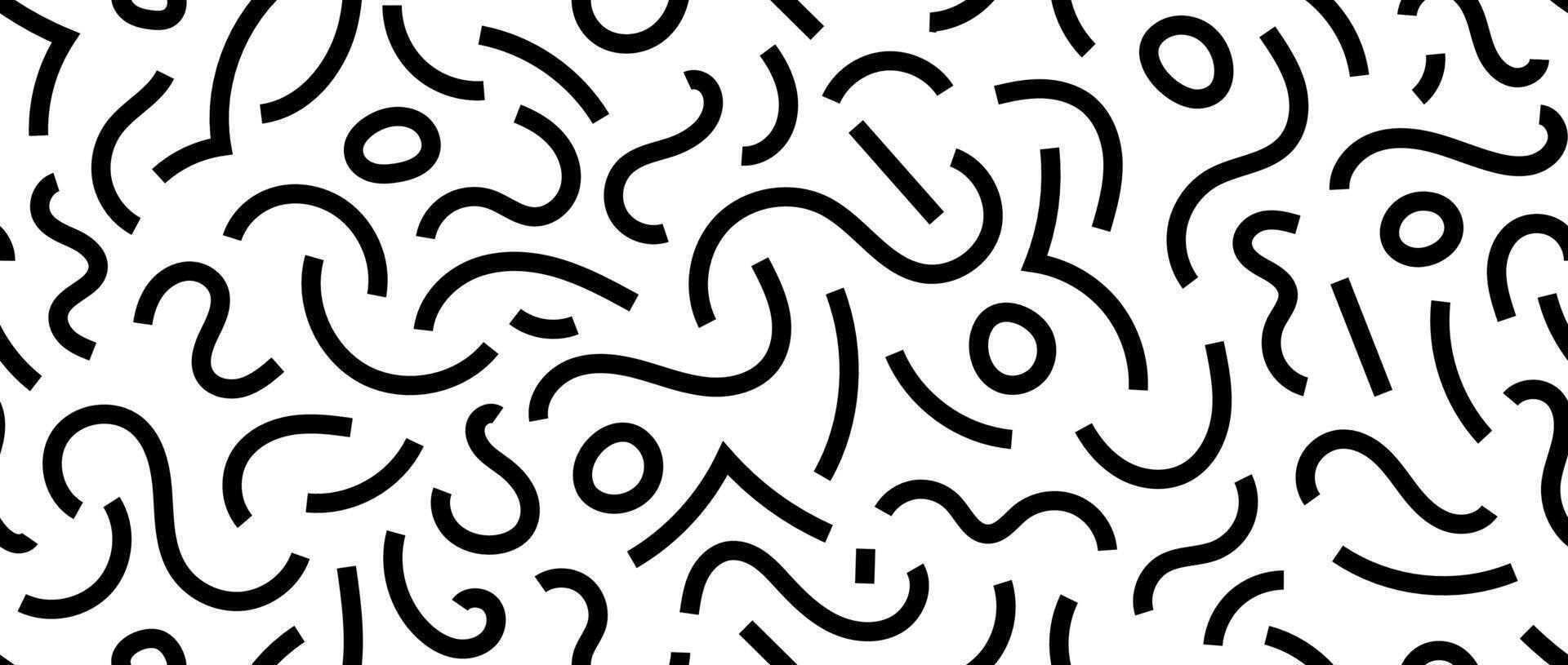 Abstract doodle squiggly lines seamless pattern. Black and white childish scribble repeating background. Basic shapes and curved wavy stripes wallpaper. vector